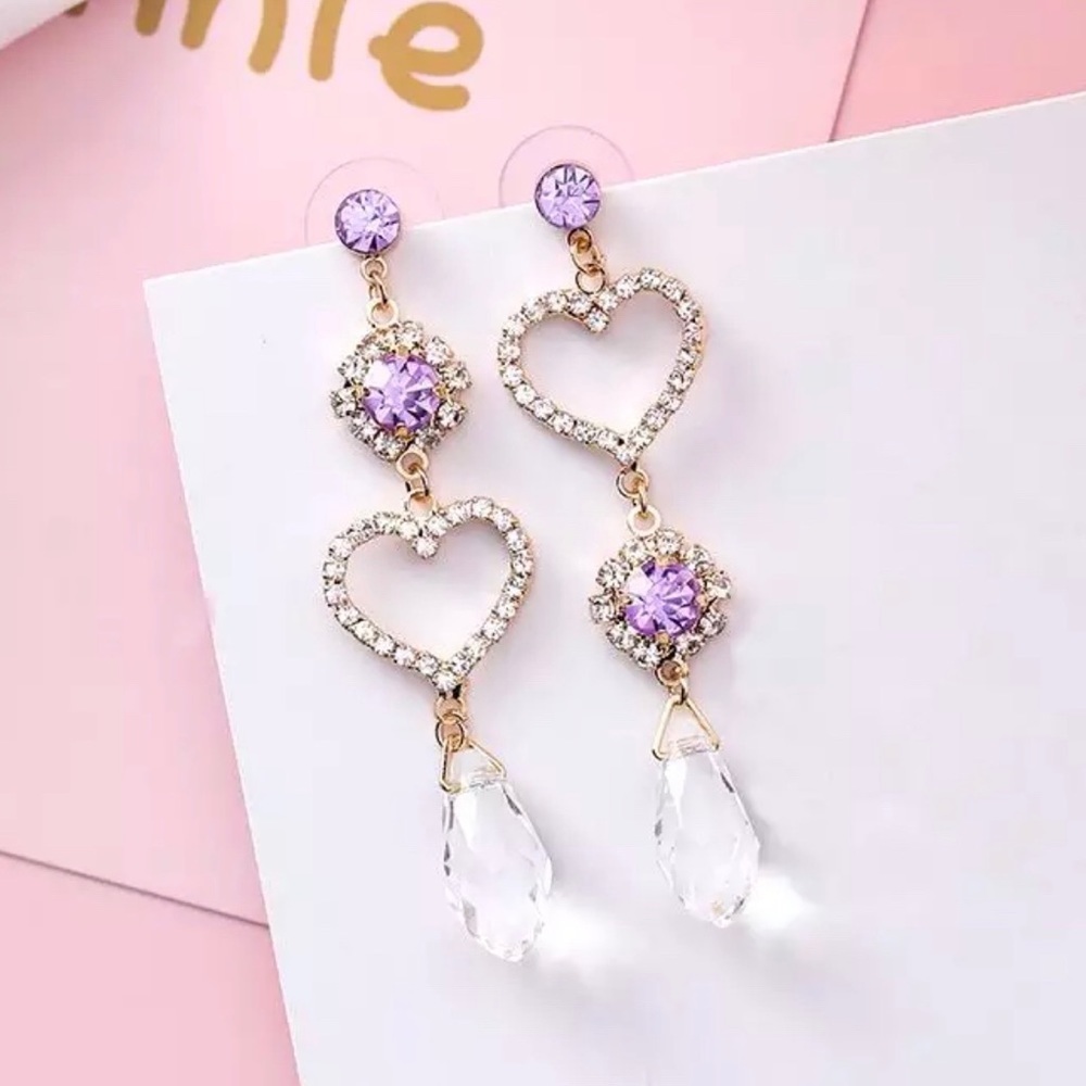 Romantic Hearts Purple Crystal Gold Drop Earrings